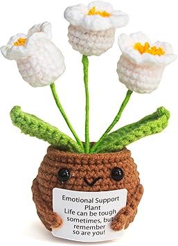 Positive Crochet Doll, Emotional Support Knitted Orchid Flower, Cute Desk Decor for Home & Office, Handmade Gift with Inspirational Card