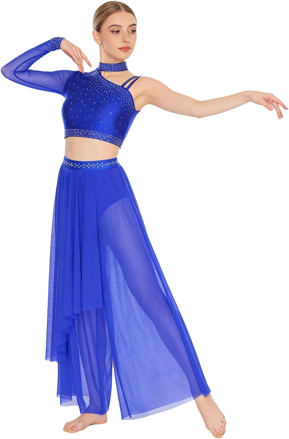 Hularka Women's Lyrical Dance Outfits Shiny Crop Top with Wide Leg Pants for Stage Performance Royal Blue Large