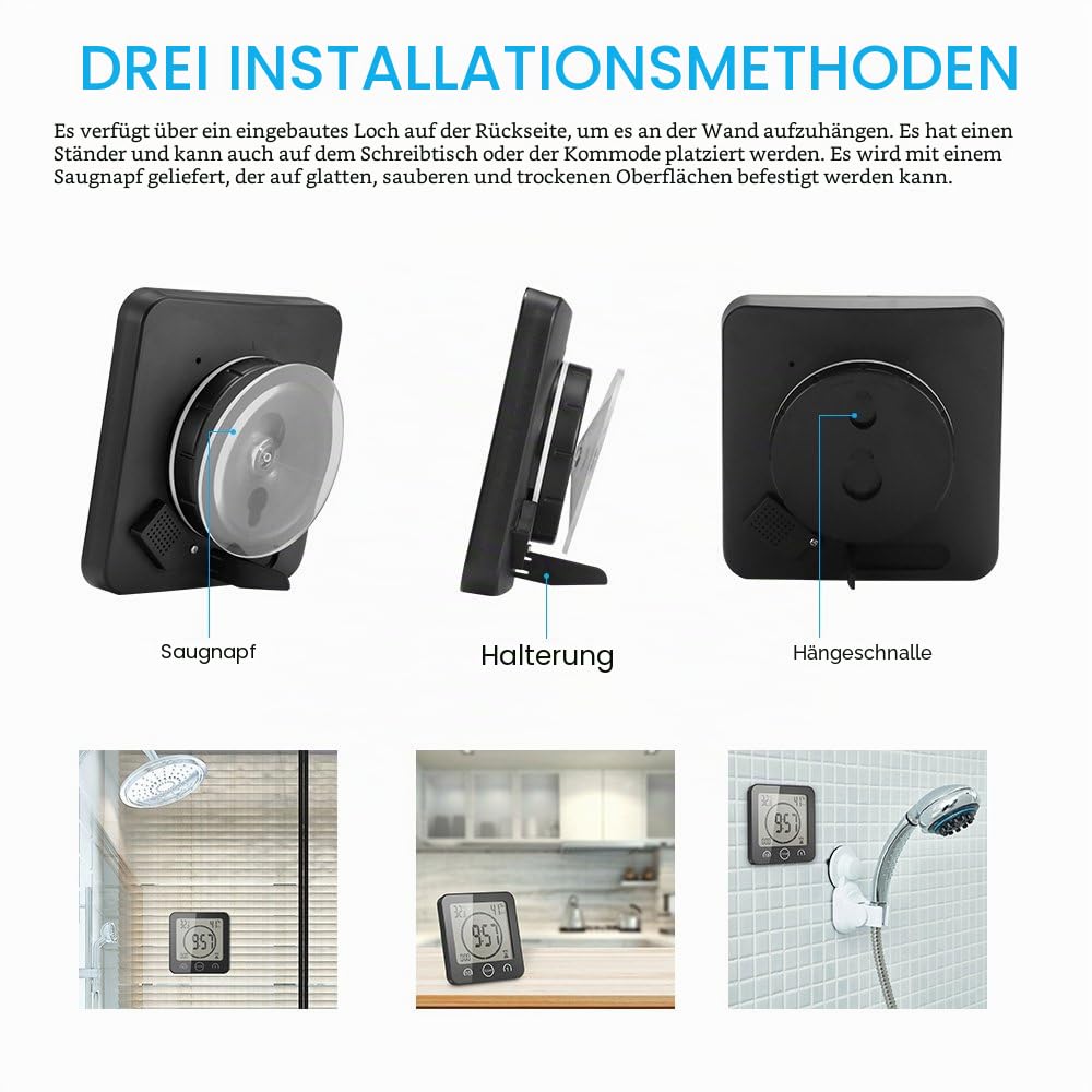 Digitale Duschuhr, LCD, wasserdicht, Digitale Uhr für Badezimmer, mit Saugnapf, Alarm, Luftfeuchtigkeit, Countdown für Dusche, Küche