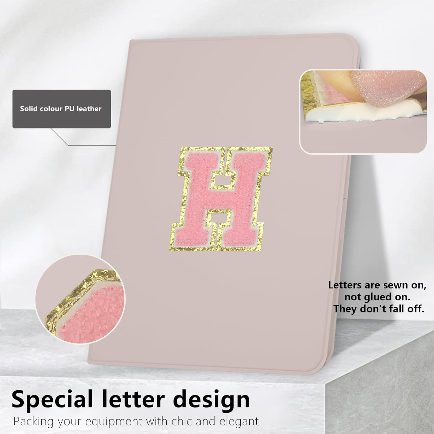 Case for iPad 11th (A16) 11-inch 2025 / iPad 10th Generation 10.9-inch 2022, Initial Chenille Letter Suture, Cute Case with Auto Sleep/Wake, Support Touch ID, Pencil Holder (Pink, H) image 4