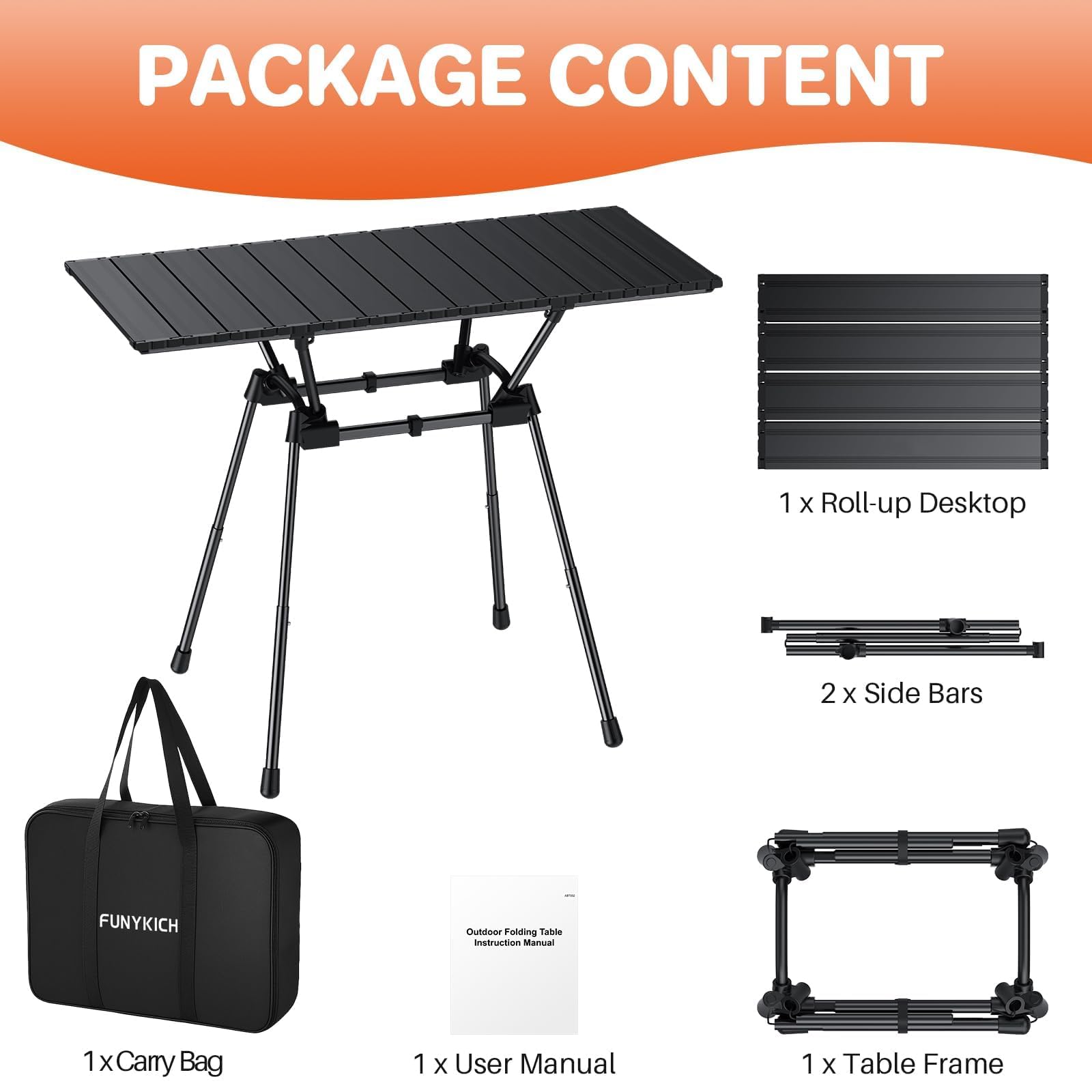 FUNYKICH Table de camping enroulable en aluminium de 0,9 m (L x l x L), 4 hauteurs réglables, ultra légère et pliable avec sac de transport pour camping, pique-nique, barbecue, fête, jardin, plage