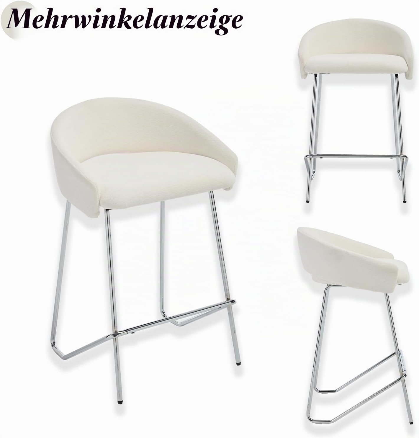 chairus 2er-Set Moderne Barhocker, Metall Chrom Beine, Chenille-Bezug, Weiß