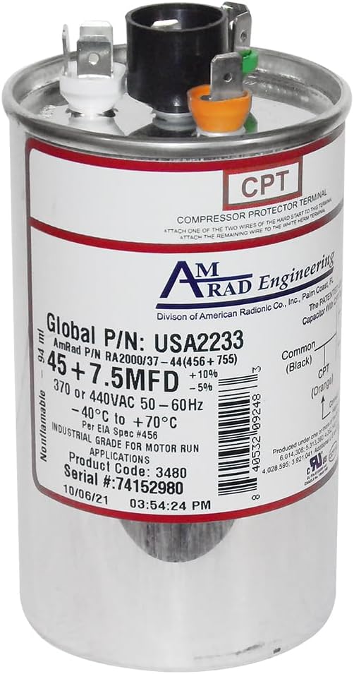 45 + 7.5 uf/Mfd Round Dual Universal Capacitor Replacement Amrad USA2233 Replacement - Used for 370 or 440 VAC, Made in The U.S.A.
