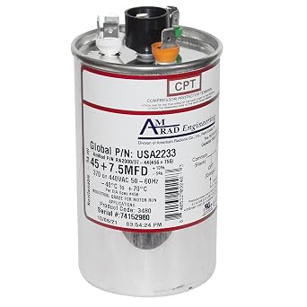 Carrier/Bryant/Payne HC98KA047 Replacement - 45 + 7.5 uf/Mfd 370/440 VAC AmRad Round Dual Universal Capacitor, Made in the U.S.A.