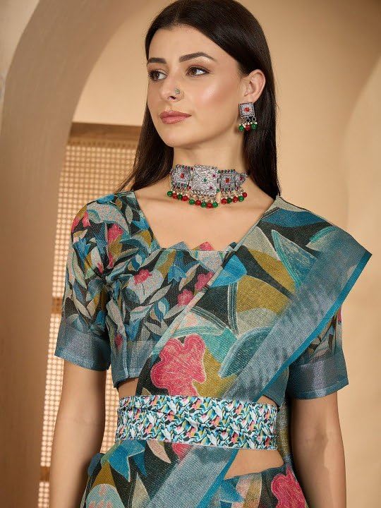 Women's Floral Print Saree, Teal, Silk Blend, Tropical Leaf Pattern, Ethnic Party Festive Wear