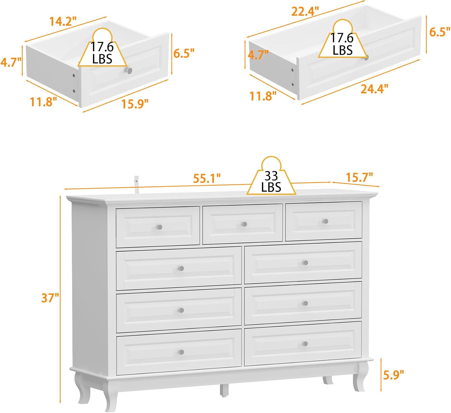 9 Drawer Dresser for Bedroom, Modern Dressers with Sturdy Legs & Chests of Drawers for Entryway & Hallway, White (15.7" D x 55.1" W x 37.0" H)