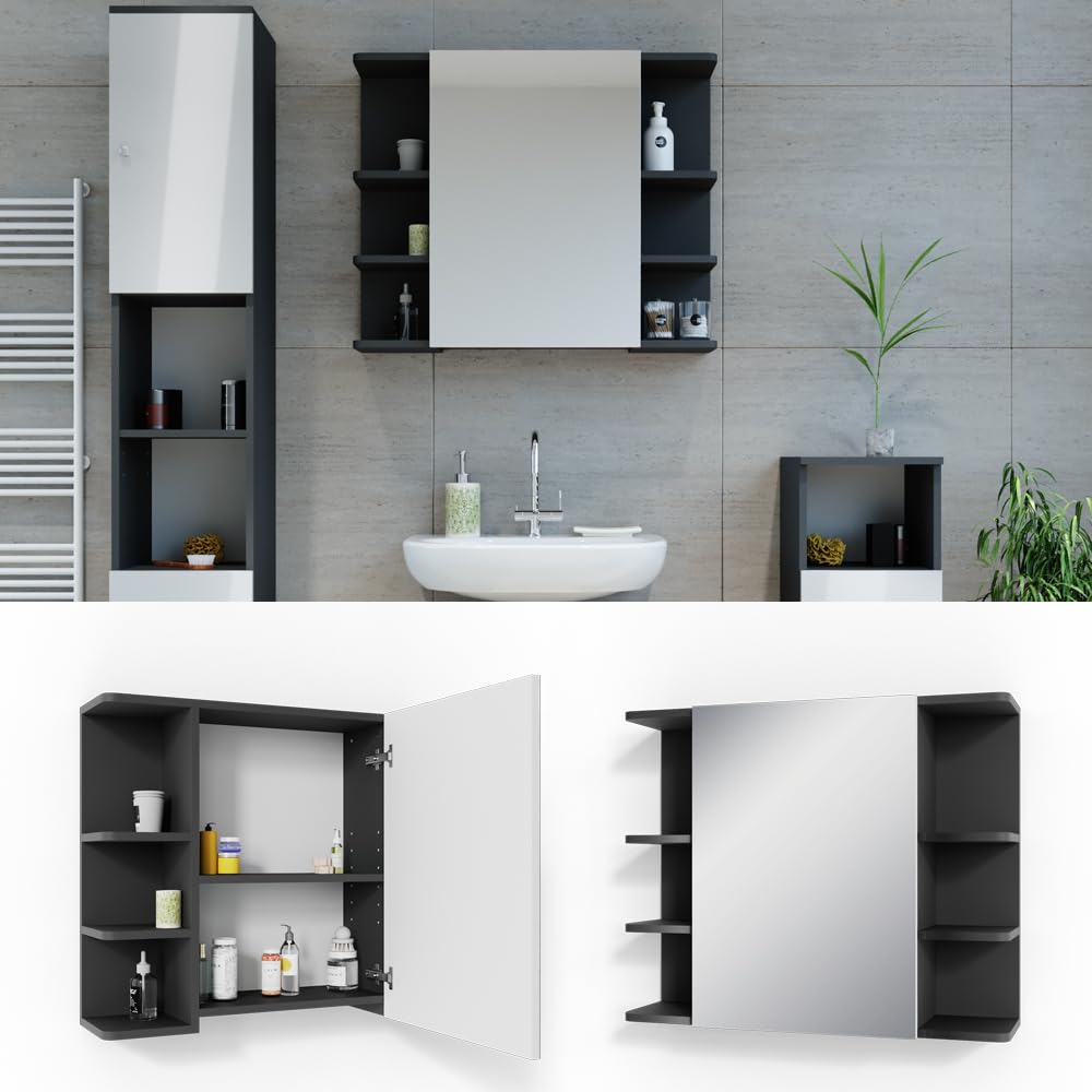 Vicco Armario con Espejo para baño Fynn, Antracita, 79.6 x 64 cm | con espejo y estantes abiertos para montaje en pared