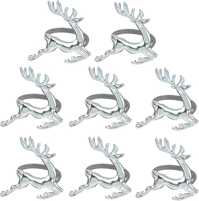 Amosfun 8pcs Christmas Napkin Rings Reindeer Napkin Holders Serviette Buckles for Xmas Holiday Party Dining Table Decoration (Silver)