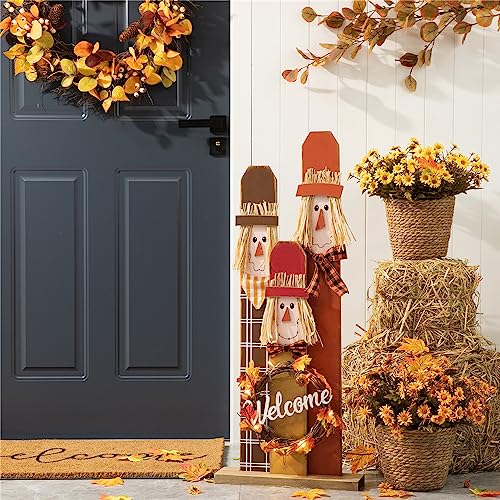 Glitzhome Fall Wooden Scarecrow Family with Wreath Porch Decor, R...