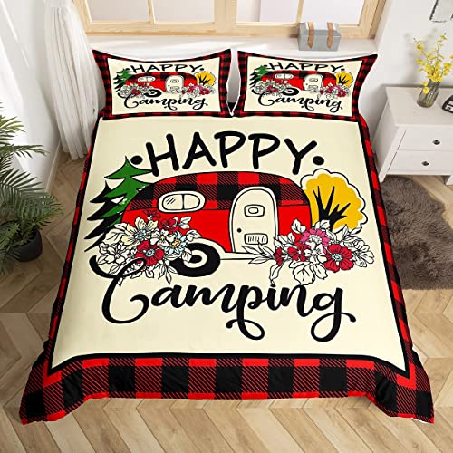Erosebridal Camping Comforter Cover Old Barn Door Grid Bedding Set Camp Travel Car Sketch Drawing Duvet Cover Grid Lattice Bed Set,Retro Farmhouse Style Buffalo Plaid Decor,Black Red Queen