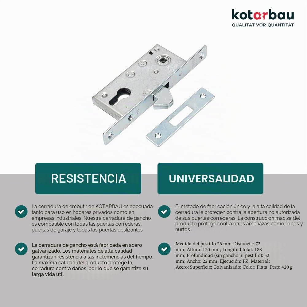 KOTARBAU® Cerradura para embutir para bombín, Cerraduras para Puertas correderas H-60, Cerradura de Gancho, Cerradura de Acero INOX, Cerrojo Pico de Loro en Acero, Herraje de Seguridad para Puertas