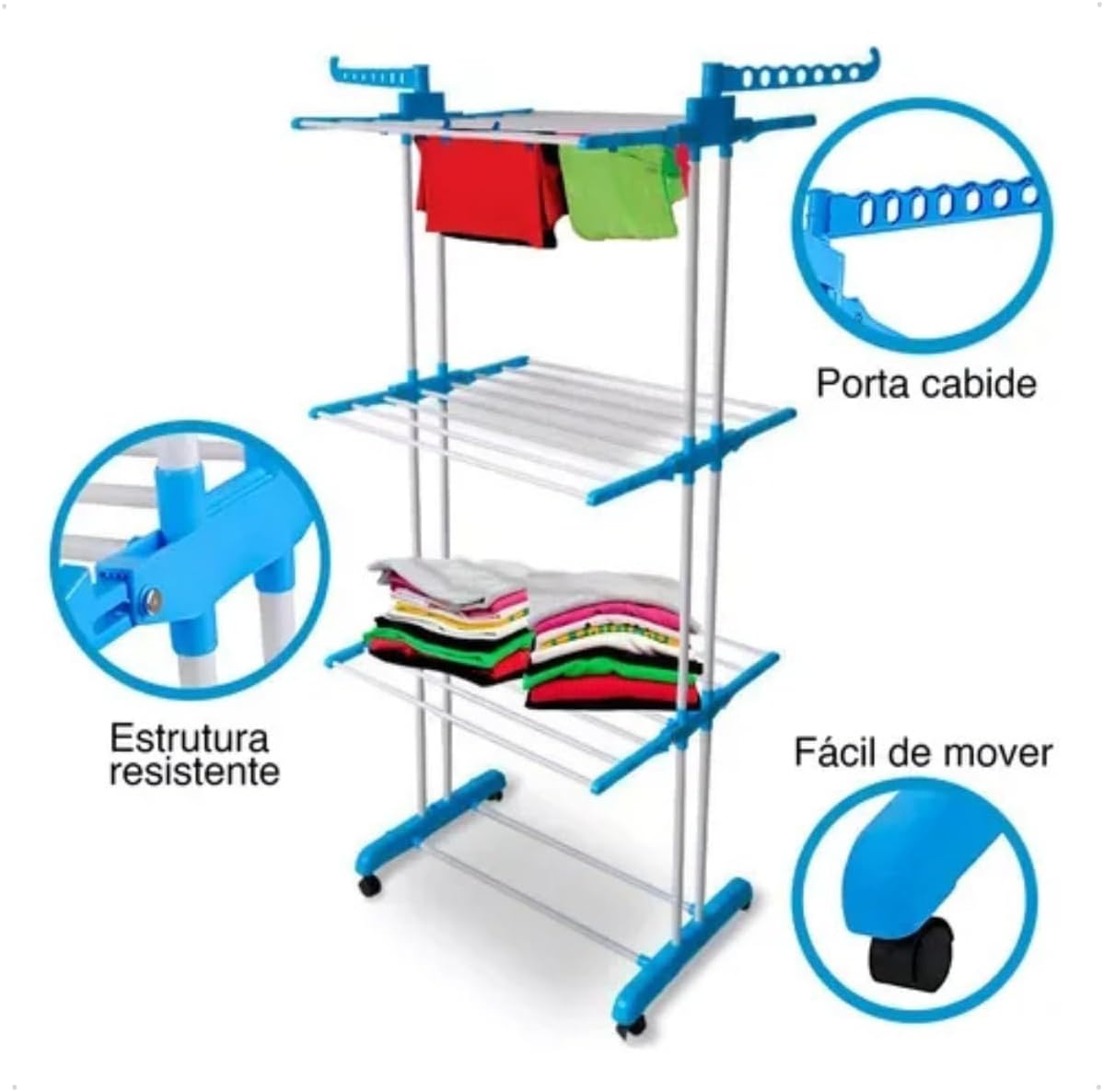 Varal de Roupas com 3 Andares em Aço Inoxidável, Dobrável e Portátil com 4 Rodas, Ideal para Apartamentos, Uso no Chão e Fácil Armazenamento EXGLOBE