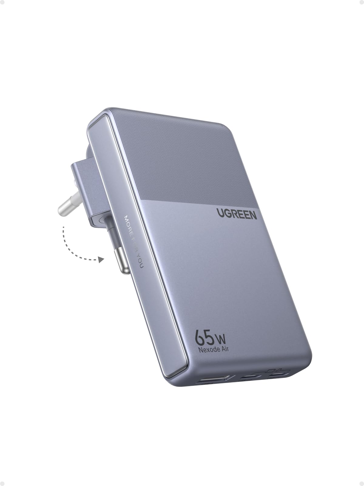 UGREEN Ładowarka USB-C 65W, cienka, 1,45 cm, składana wtyczka, 3 porty | Ultrapłaski szybka ładowarka GaN do podróży i biura, kompatybilna z MacBookiem Pro/Air/Neo, iPhone'em 17/16, iPadem, szara