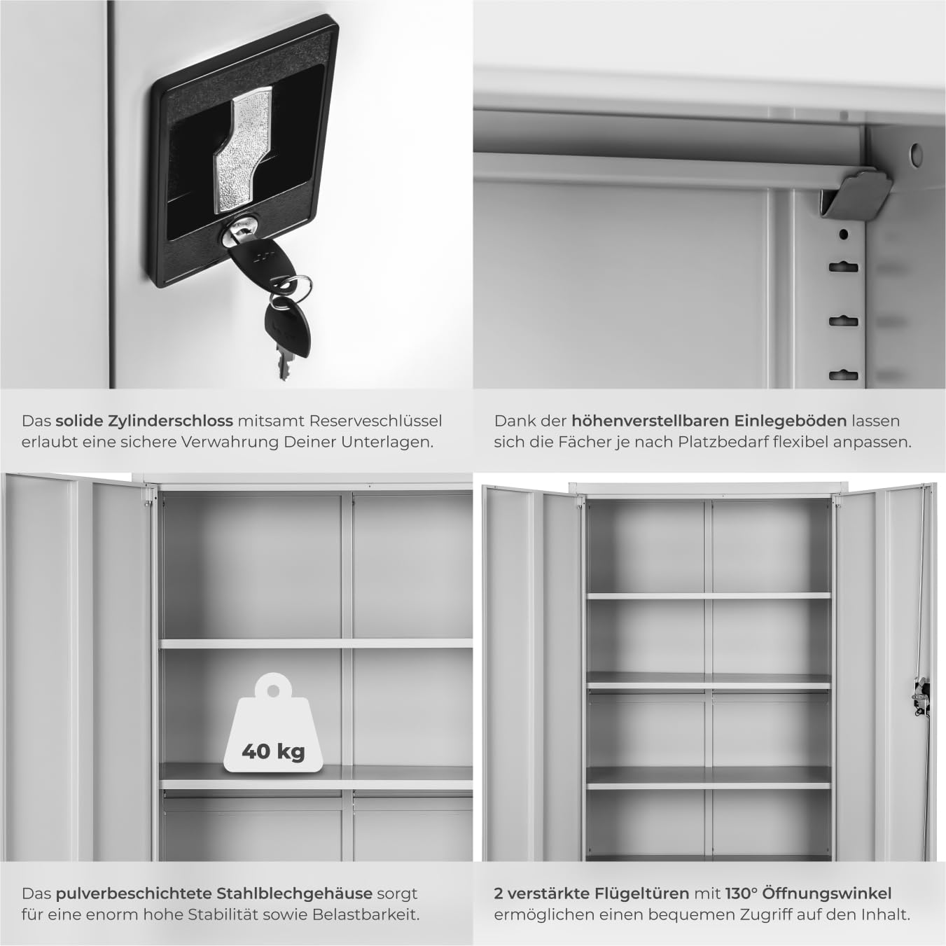 tectake® Aktenschrank abschließbar, Schrank Büro, Metallschrank zur Werkstatteinrichtung, Besenschrank, Vorratsschrank, Werkstattschrank, Spind Schrank mit 4 Fächern - grau, 140 x 90 x 40 cm