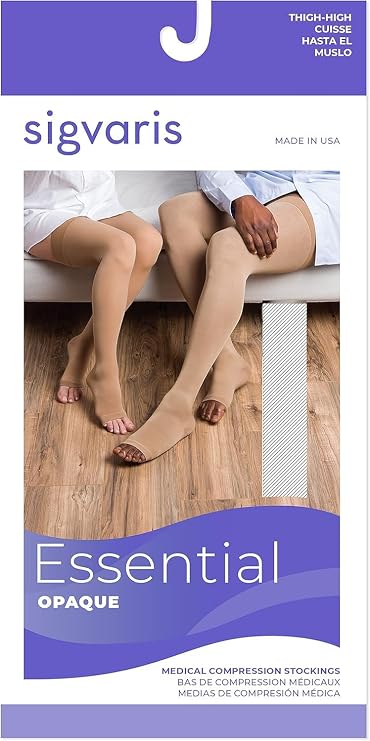 SIGVARIS Womens Essential Opaque 860 Open Toe Thigh-Highs w/Grip Top & Waist Attachment 30-40mmHg - Small Long (L) - Light Beige