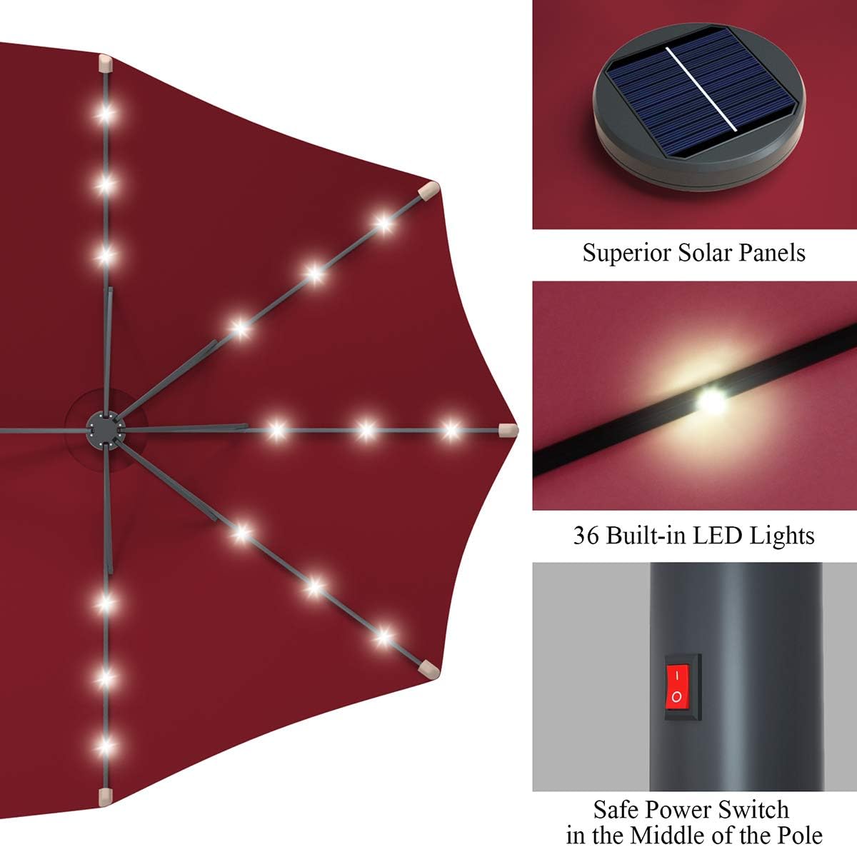 Tangkula 15 Ft Double Sided Patio Umbrella with Solar Lights, Extra Large Rectangle Outdoor Umbrella with 36 LED Lights & Crank Handle for Deck, Poolside, Garden, Backyard (Burgundy)