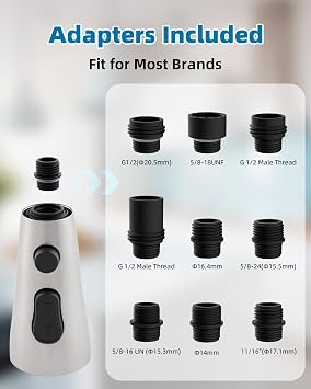 Hygie Rinse Universal Kitchen Faucet Head Replacement with 15 Adapter Kit, 3 Function Pull Down Sink Faucet Spray Head, Brushed Nickel | NSF/ANSI/CAN 372 Certified, Compatible with Kohler/Moen/Delta, 3 Function Pull Down Sink Faucet Spray Head Replacement, G1/2