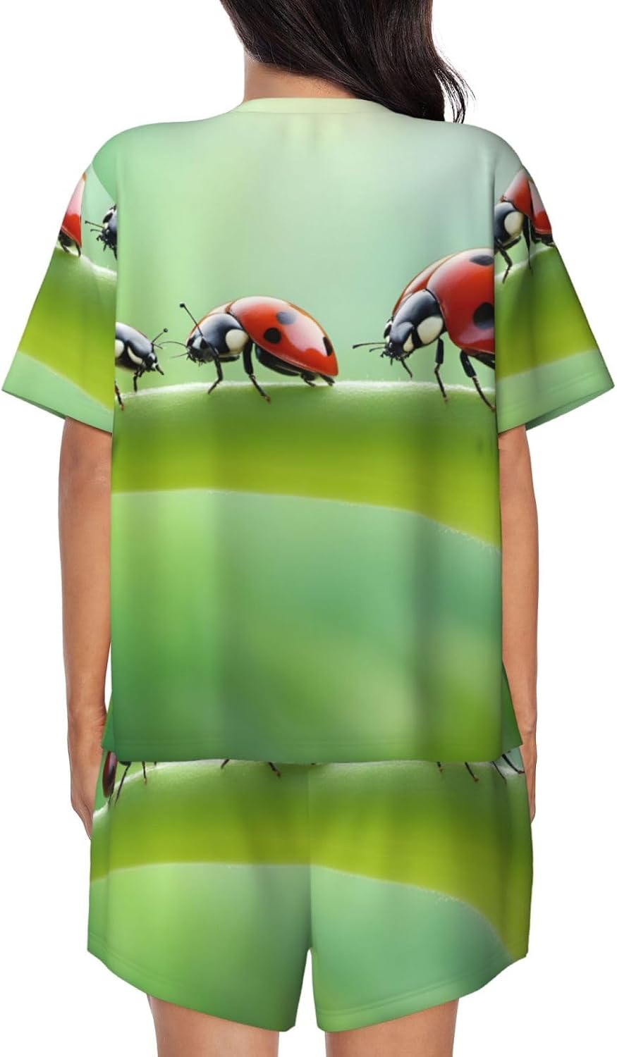 Funny Ladybug Print Women'S Short Sleeve Pajama Set,Stylish And Comfortable,For Lounging And Relaxing