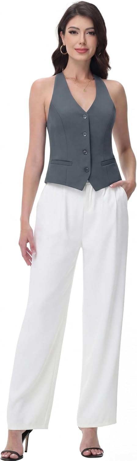 Women Suit Vest V Neck Button Down Vest Top Tuxedo Waistcoat Sleeveless Racerback Fashion Vests Blazer