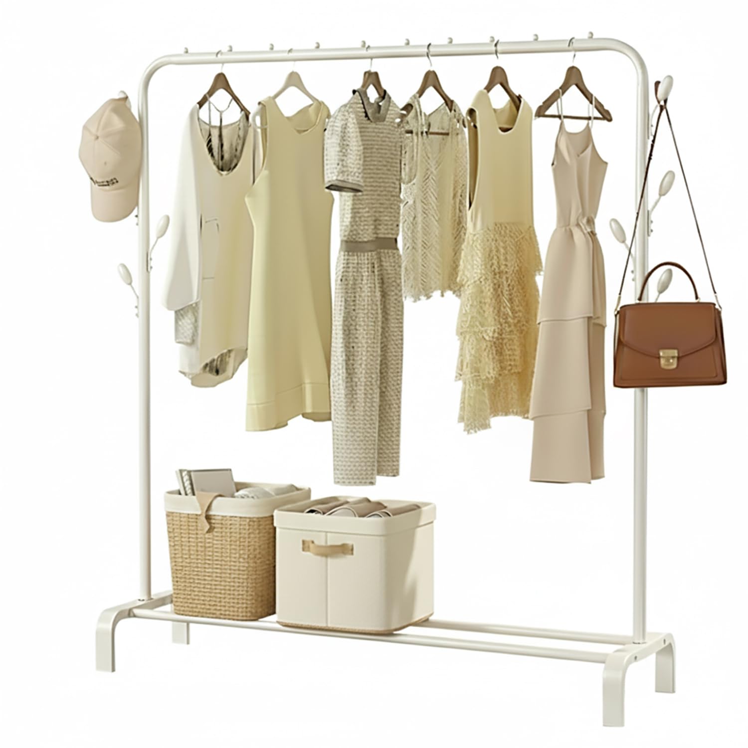 House Of Quirk Metal Garment Rack Heavy Duty Indoor Bedroom Clothes Coat Stand Shoes Rack,With Top Rod And Lower Storage Shelf Clothes Rack 6 Hooks (White, 150X110X41 cm)-image-43