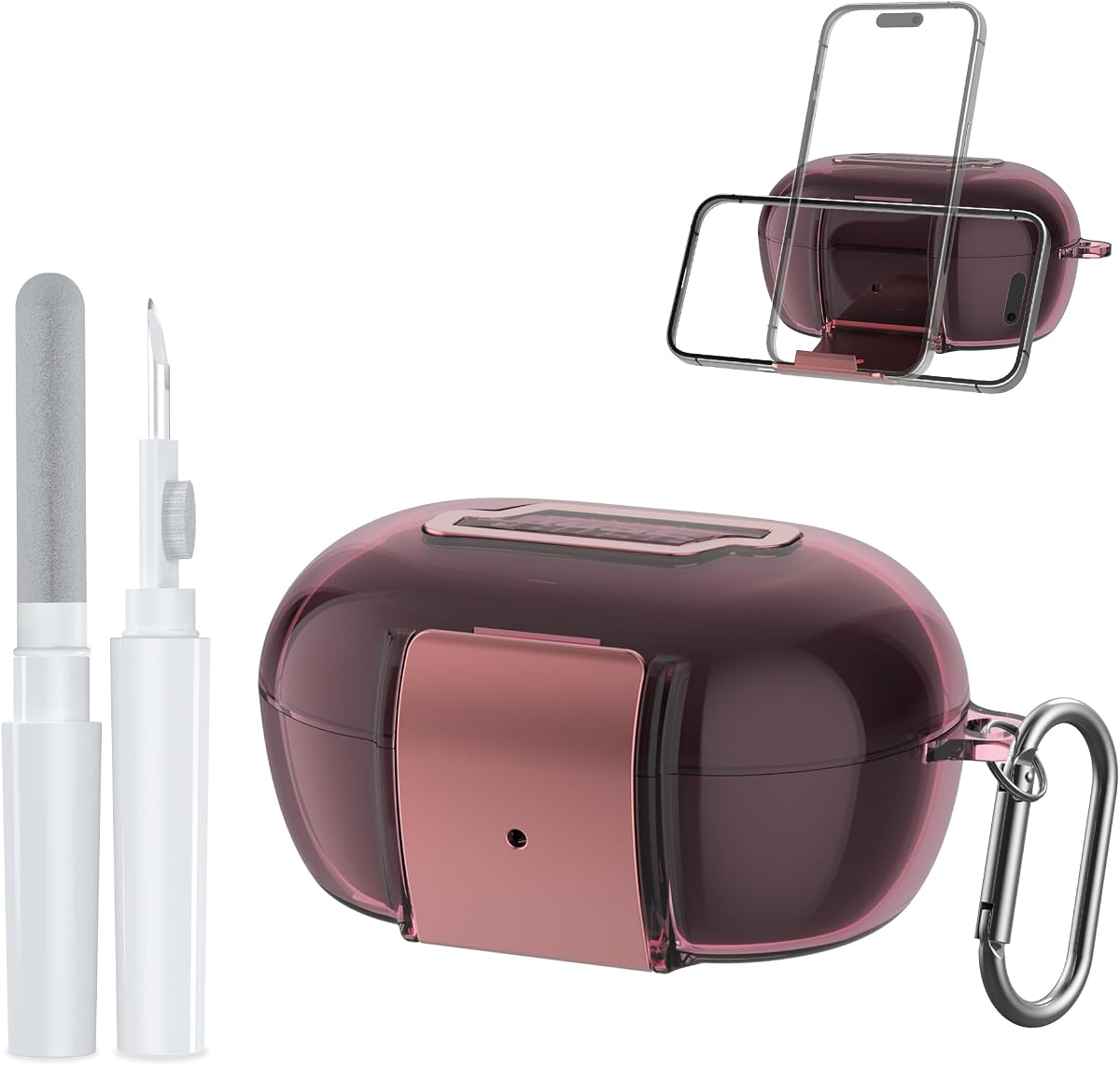 for Bose New QuietComfort Earbuds(2024) Case with Phone Holder, Clear Soft TPU Protective Earbuds Case with Cleaner Kit & Carabiner Accessories Set(Clear Pink)