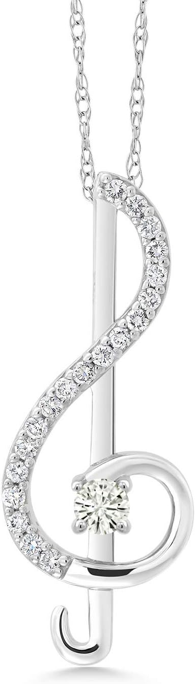 Gem Stone King Music Treble Clef Pendant Necklace for Women | 10K White Gold | 3MM Round White Moissanite and White Lab Grown Diamond | By Keren Hanan | 0.25 Cttw | With 18 Inch Gold Chain