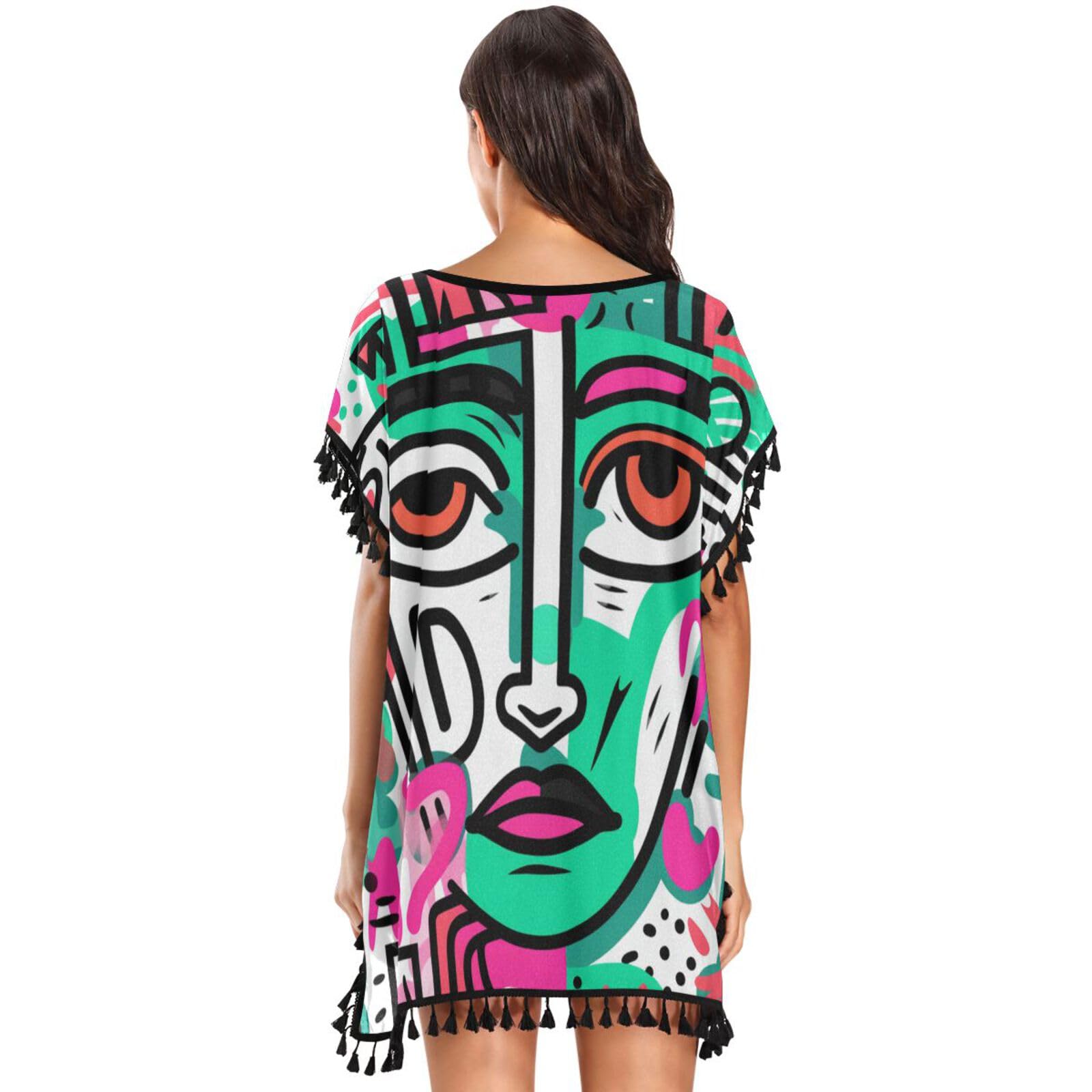 Abstract Doodle Line Art Face Women's Beach Cover Up Chiffon Tassel Swimwear Swimsuit Coverups for Girl