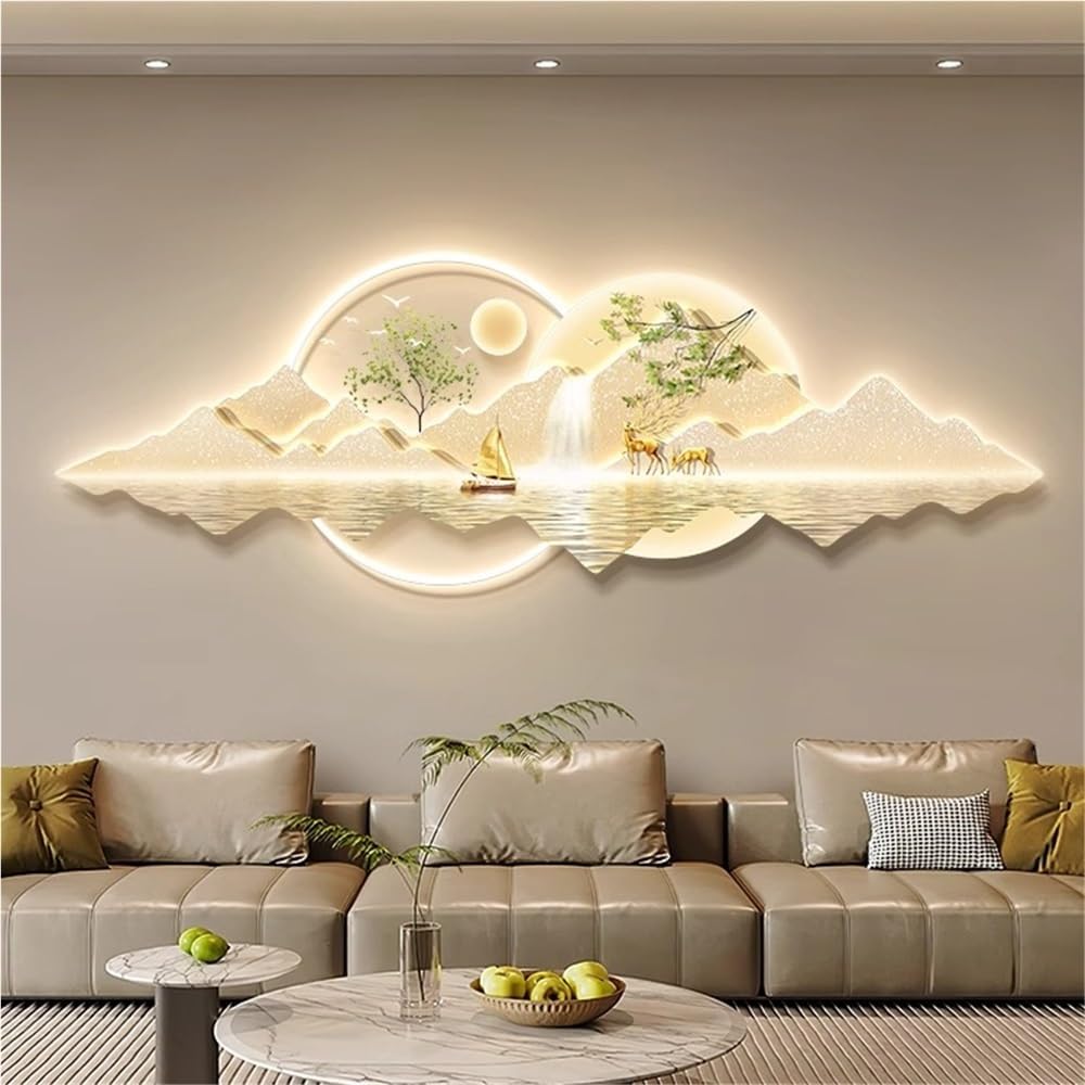 Modern Wall Hanging Painting, Wall Art Decor with Light, Plug in Power Supply Relief LED Decorative Painting, Creative Landscape Wall Sculptures for Home, Living Room, Study, Bedroom Decor(B,100cm*35c