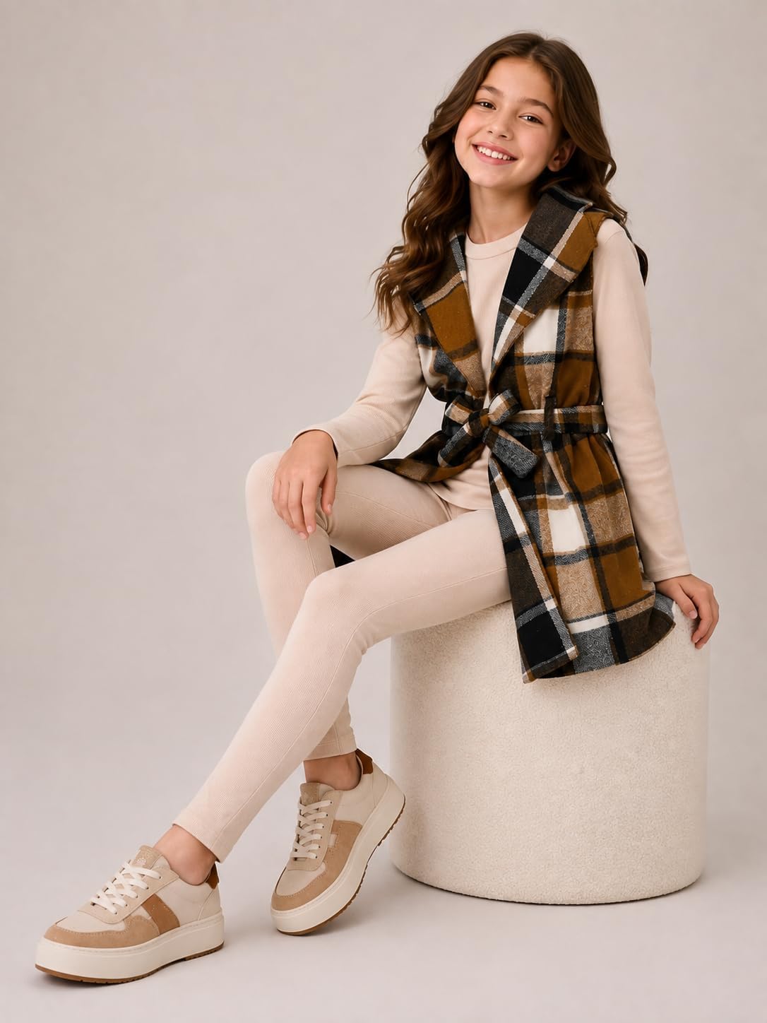 Tween Girls Clothes 3 Piece Outfits Plaid Flannel Belted Vest & Long Sleeve Top and Pants- Fall Clothing Sets image 5