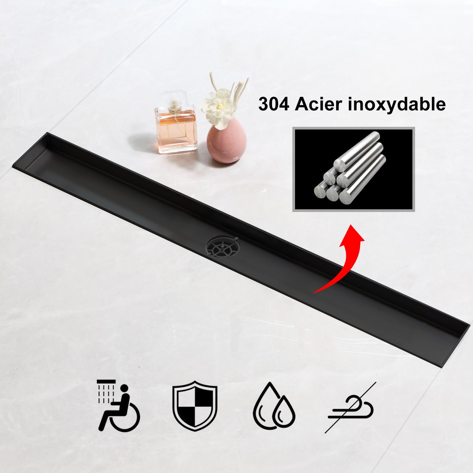SaniteModar Canalina Scarico Doccia Nero 60cm, Canaletta Doccia con 360° Sifone e Filtro, Pannelli 2 in 1