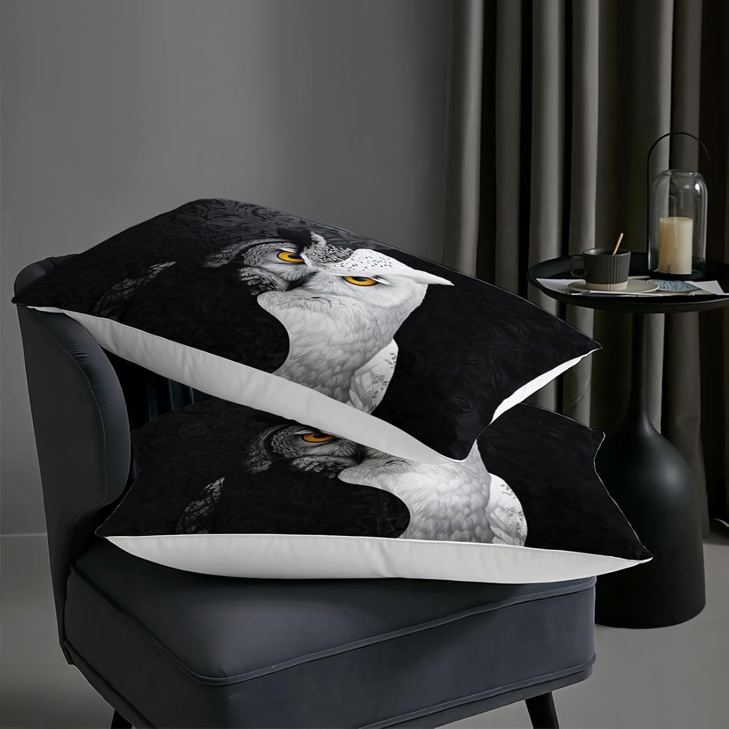 AILONEN Owl Comforter Set 3Pcs for Teens Adults,Black Damask Print & White Design Bedding Set Queen Size,Wildlife Animal Quilt with 2 Pillowcases for Home Decor