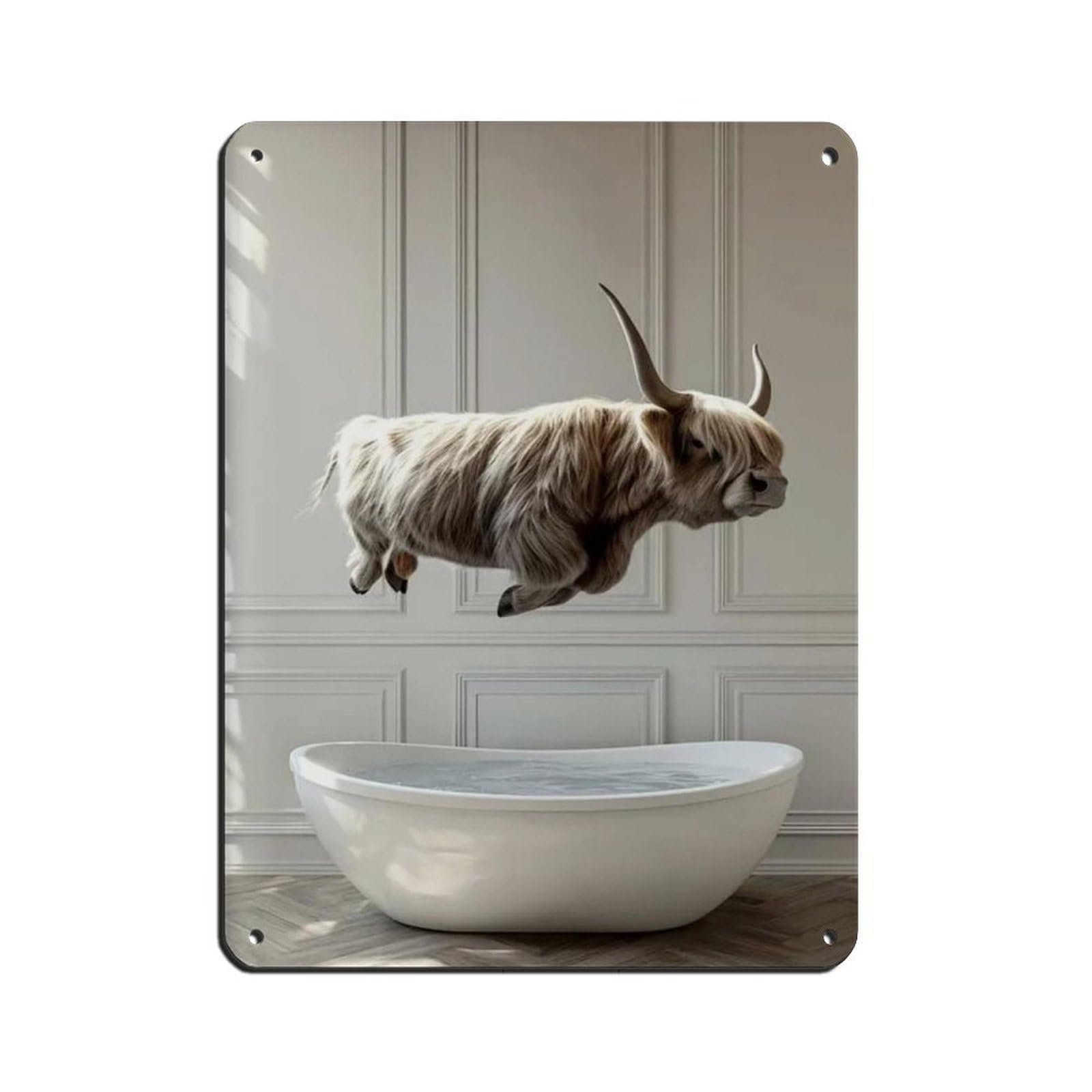Highland Cow Jumping Into Bathtub Retro Poster Metal Tin Sign Chic Art Retro Iron Painting Bar People Cave Cafe Family Garage Poster Wall Decoration 12x16inch(30x40cm)