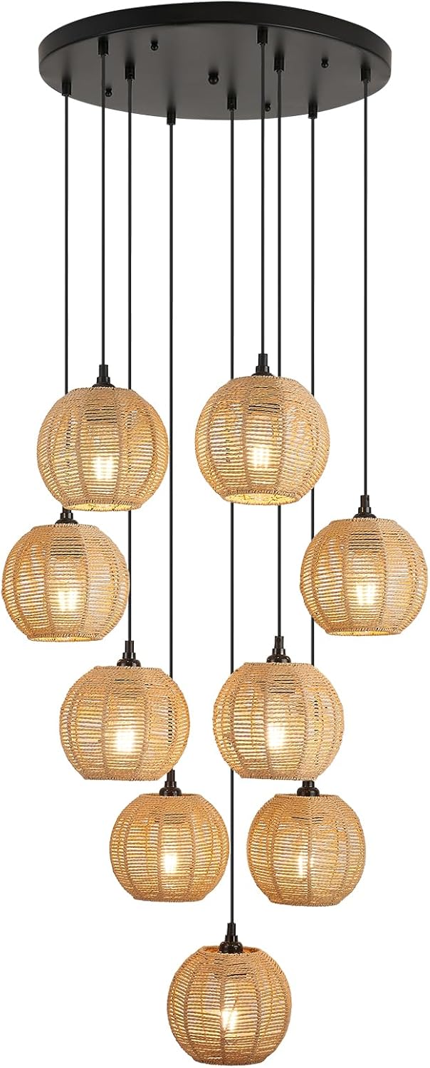 3 Lights Plug in Pendant Light with Cord On/Off Switch Rattan Hanging Lamp with 22ft Hand Woven Wicker Plug in Chandelier Boho Hanging Lights Fixture for Bedroom Kitchen Hallway Foyer