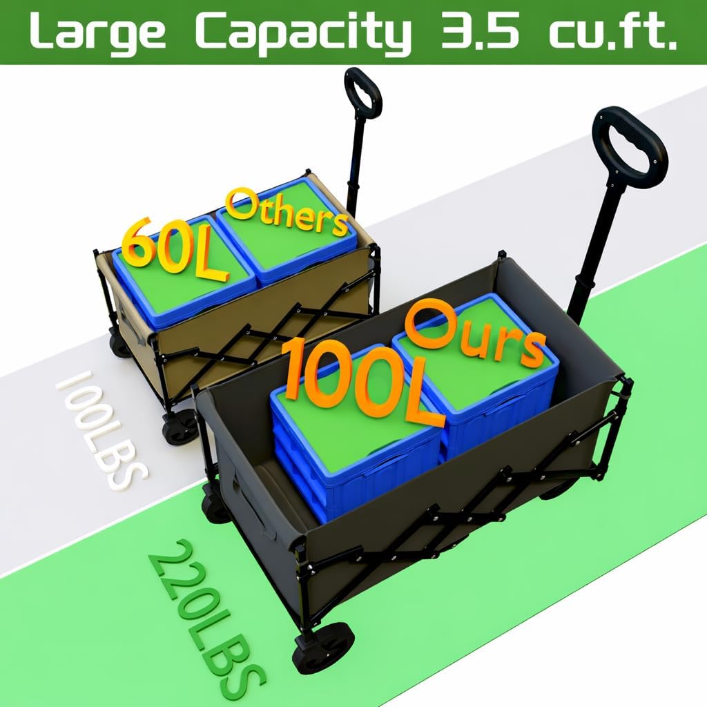 Collapsible Wagon with Wheels, Wagons Carts Foldable 220 lbs Heavy Duty, Folding Utility Wagon Cart with All-Terrain Wheels, Telescoping Handle & 2 Cup Holders for Beach Garden Grocery Shopping