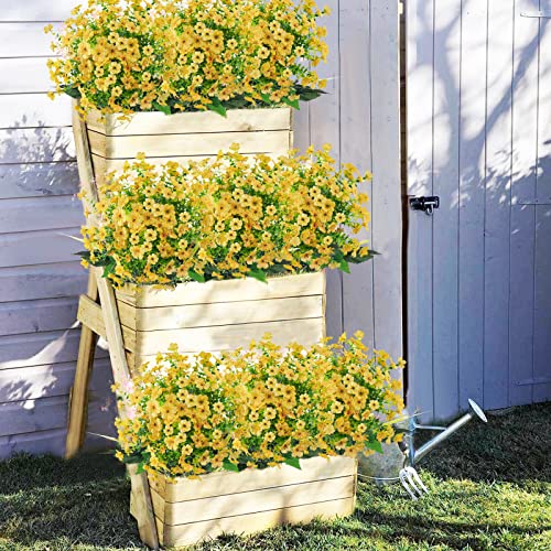 Tepaler 4 Pcs Yellow Artificial Flowers Bulk Outdoor Uv Resistant Fake Plants For Outside No Fade Fall Flowers Greenery Shrubs For Hanging Basket Planters Window Box Garden Porch Decor #TOP6