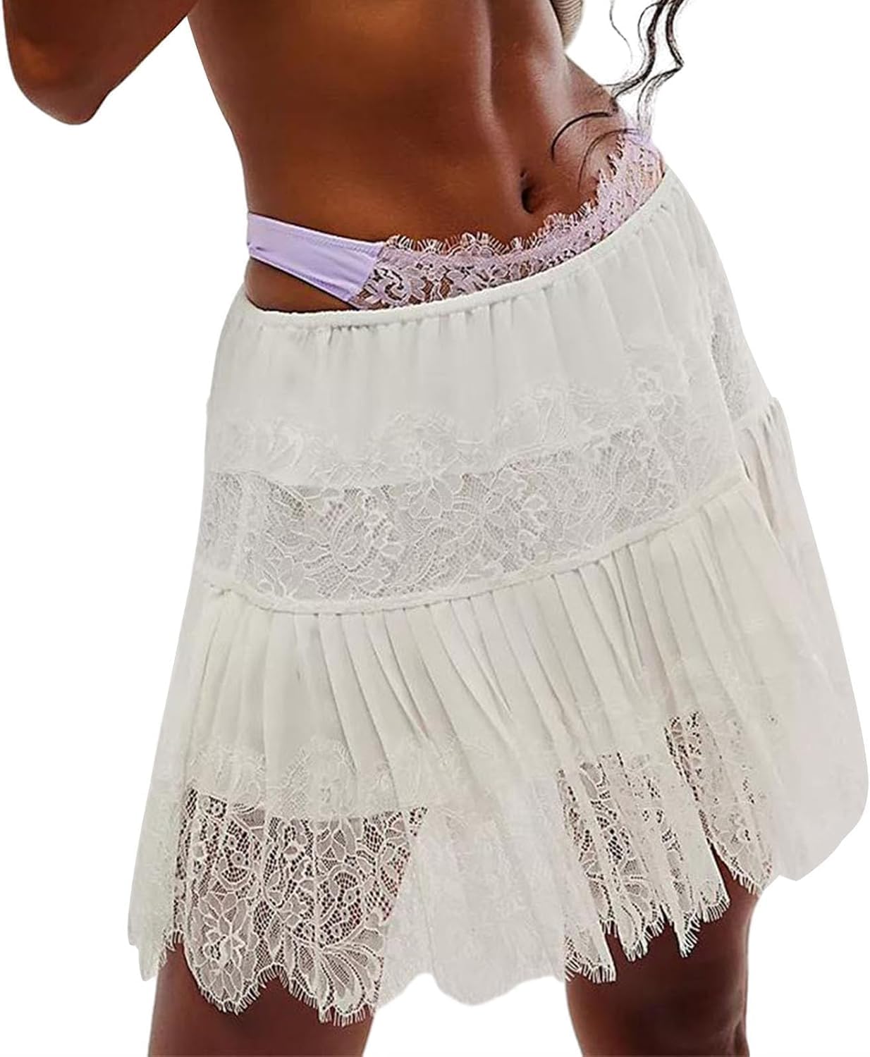 Women Y2K Lace Mini Skirt Low Rise Slip Underskirt Ruffle Pleated Layered Flowy Short Skirts