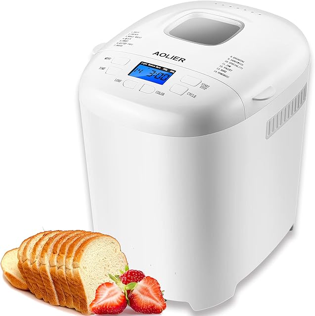 AOLIER Bread Machine, 2LB 14-in-1 Bread Maker Machine Incl Gluten Free, Homemade Setting | Non Stick Pan | 2 Loaf Sizes & 3 Crust Colors | Reserve & Keep Warm Set | Recipe Booklet Included (White)
