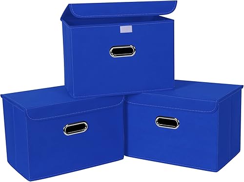 SEVENDOME Cubo de almacenamiento plegable de tela de lino con tapa, asas de cuero, divisor extraíble para el hogar, armario, azul oscuro, 3 unidades