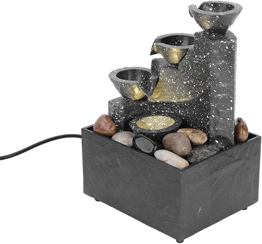 Tabletop Fountain, Indoor 3 Tiered Waterfall Desktop USB Electric Water Rockery Ornament Cascading Natural River Rocks Zen Meditation Pump LED Colorful Lights Waterfall Feature Home Office Decoration