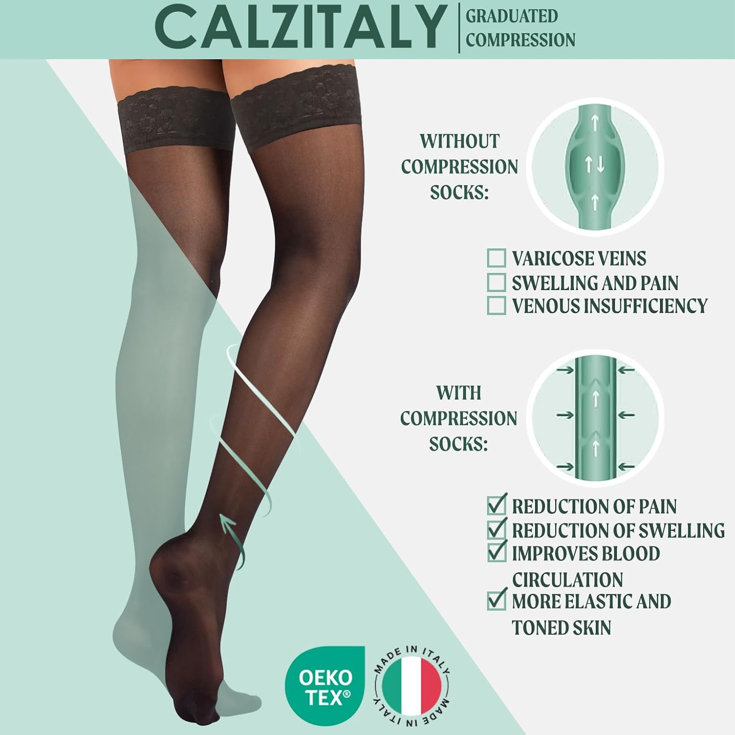 COMPRESSION THIGH HIGH STOCKINGS 10-14 mm/Hg | 70 DEN | BLACK, SKIN | S, M, L, XL | ITALIAN HOSIERY | image 5