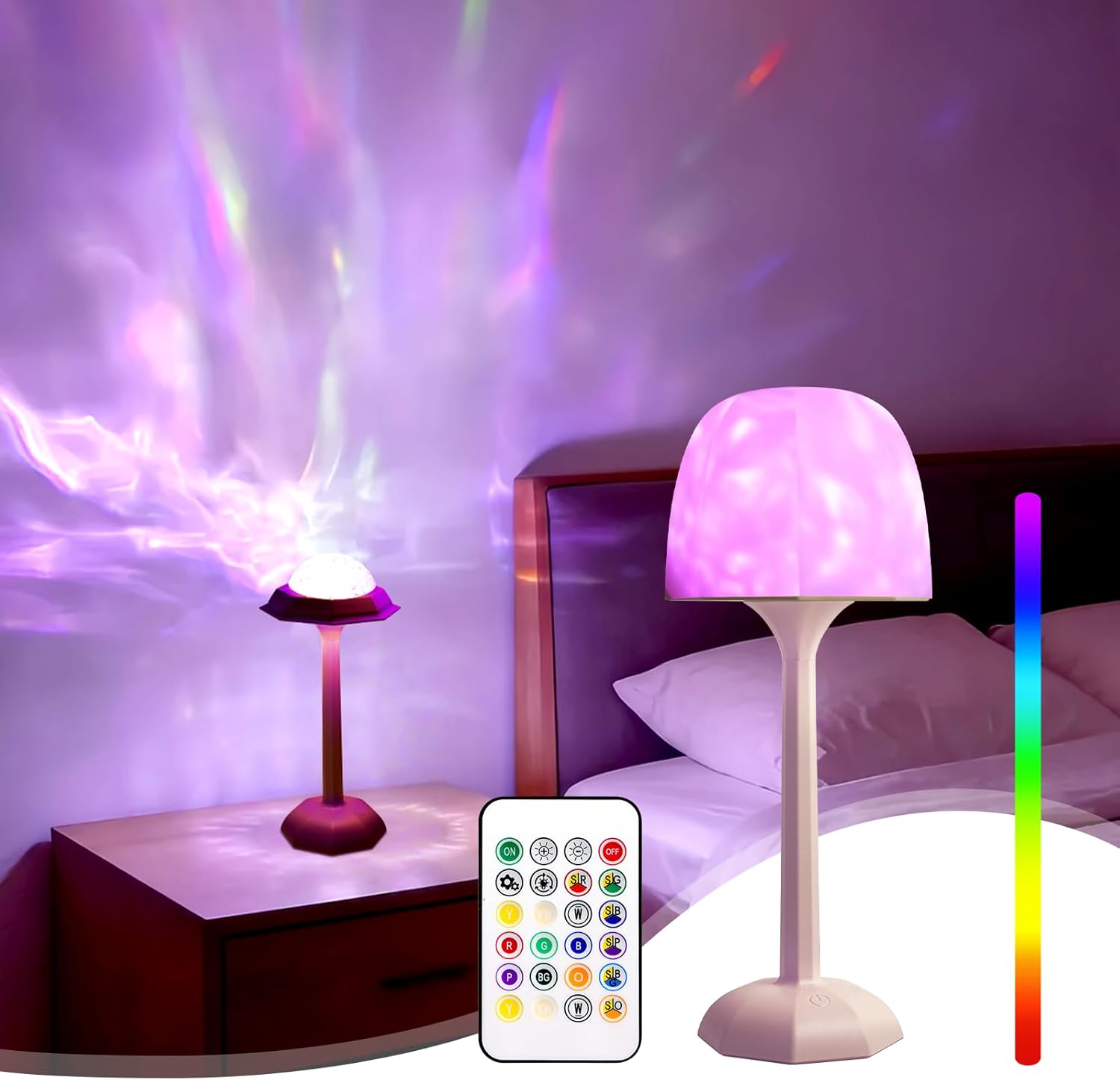 Rechargeable Table Lamp with Remote Control, 16 Color Changing LED Night Light with Water Ripple Projection, Adjustable Brightness for Bedroom, Office, Home Decor