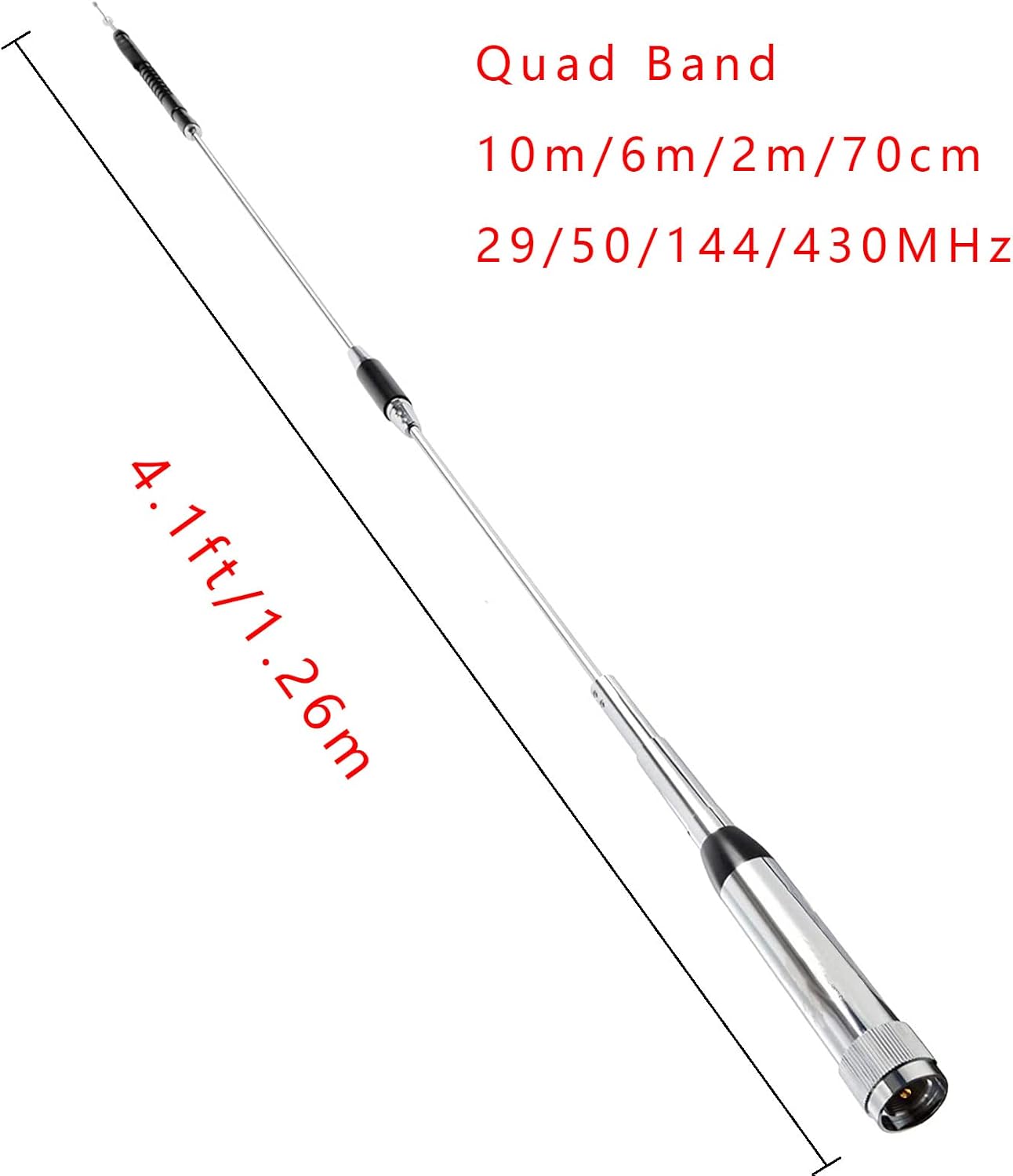 Quad Band Mobile Radio Antenna CR-8900 – 10m/6m/2m/70cm – 29/50/144/430MHz – 4.1ft High Gain Antenna with 16.4ft Coaxial Cable & Bracket Clip – Compatible with TYT TH-9800 Plus, TH-9800D