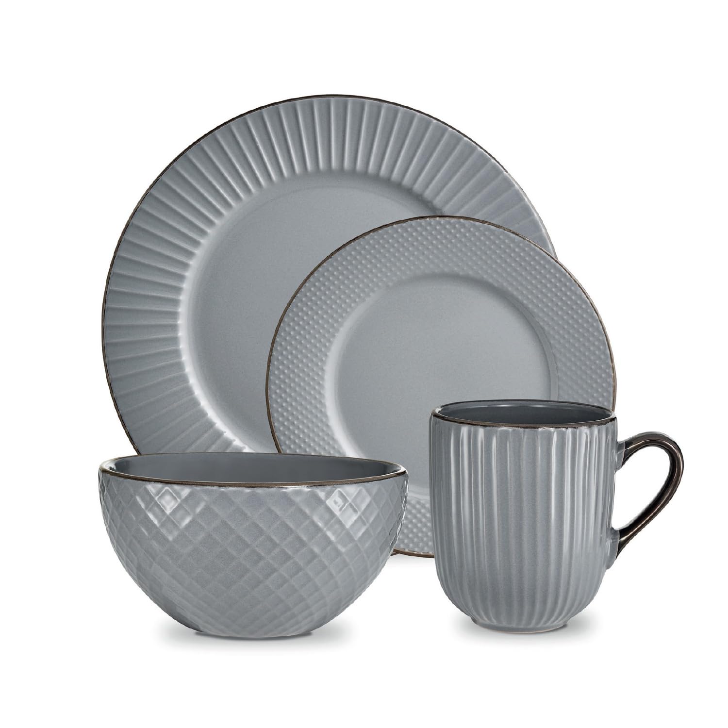 Tower Empire 16 Piece Dinnerware Set, Stoneware, Grey and Brass