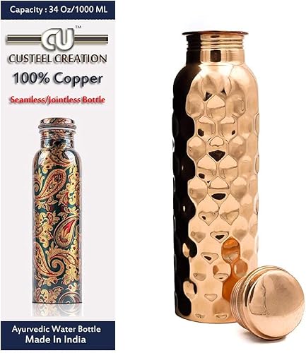 Miniatura 31 de Custeel Creation Botella de agua de cobre puro de 1 litro - (99.74%) frasco de cobre sin juntas sin costuras (acabado mate)
