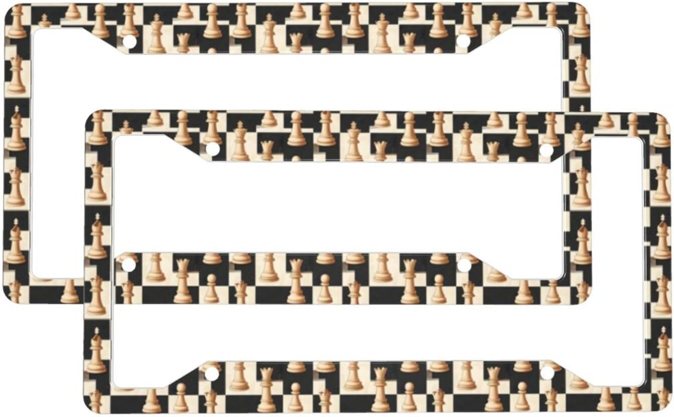 2 Pcs Car License Plate Frames for Women Men – Vintage Chess Print Solid Aluminum License Plate Cover for Car Accessories with Fasteners and Screws