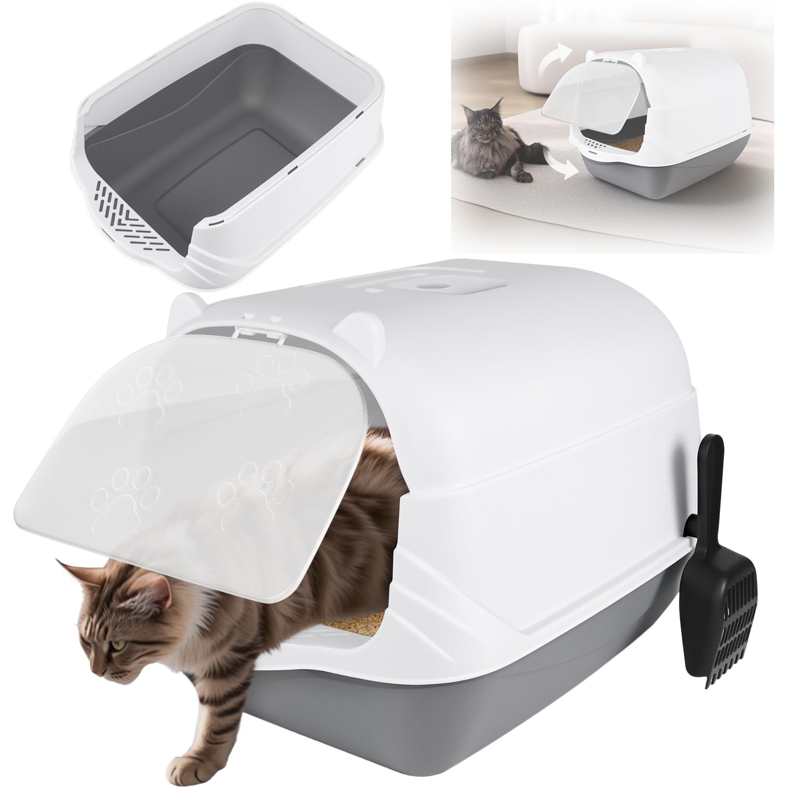 Large Cat Litter Box Litter Tray, Litter Box with Lid, Scoop, Flap Door for Easy Cleaning, Large Anti-Splashing Hooded Space Cat Litter Tray 51 x 37 x 36 cm