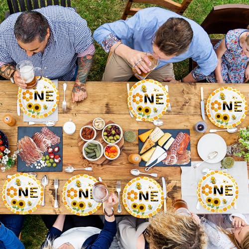 Image of Qyeahkj 48 Pcs Bee 1st Birthday Party Plates First Bee Day Disposable Paper Dessert Plates Supplies for Bee Birthday Baby Shower Dessert Plates Tableware Decorations