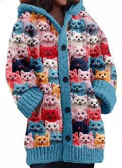 Womens Hooded Cardigan Colorful Pattern Knit Sweaters Graphic Print Hoodies Jackets with Pockets