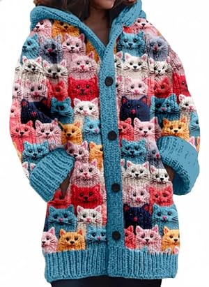 Womens Hooded Cardigan Colorful Pattern Knit Sweaters Graphic Print Hoodies Jackets with Pockets