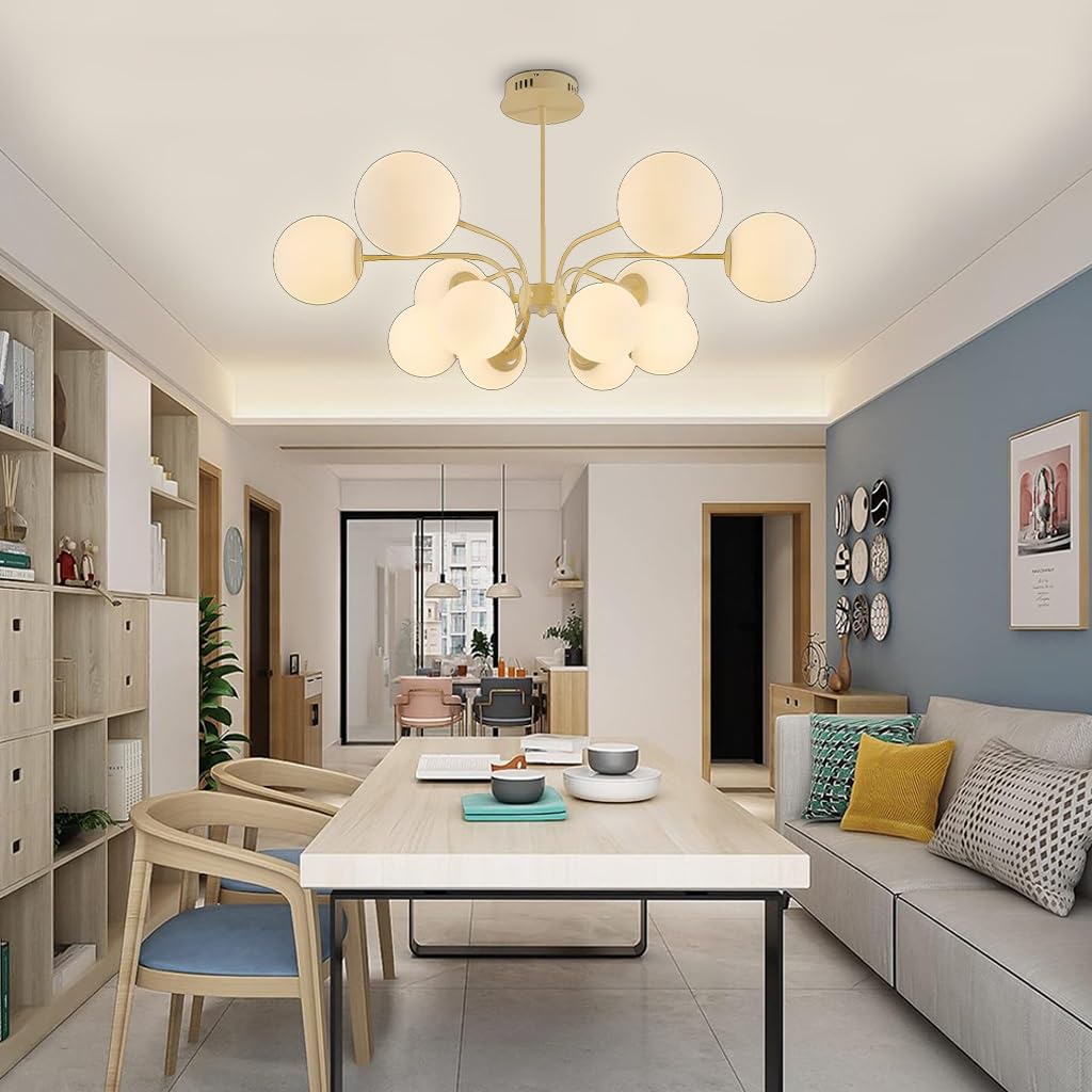 LYSDjia 12-Light Sputnik Chandelier Modern Pendant Light Fixture with 15cm Opal White Glass Globe Shade for Flat and Slop Ceiling Height Adjustable for Kitchen Living Room Dining Room Bedroom(Yellow)